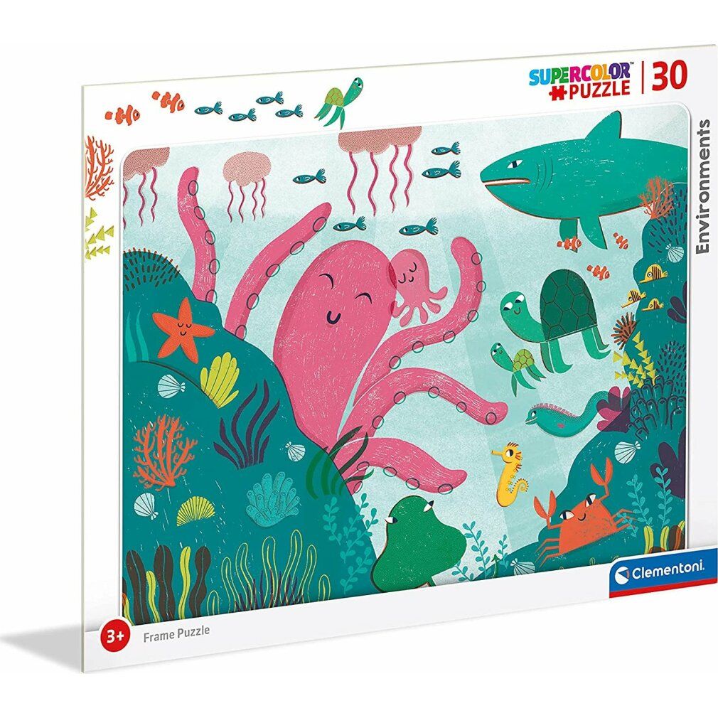 Puzzle Clementoni da 30 pezzi. Tema: Mondo sottomarino con animali. Polpo, squalo, tartarughe, pesci, granchio. Puzzle con cornice. Età consigliata: 3+