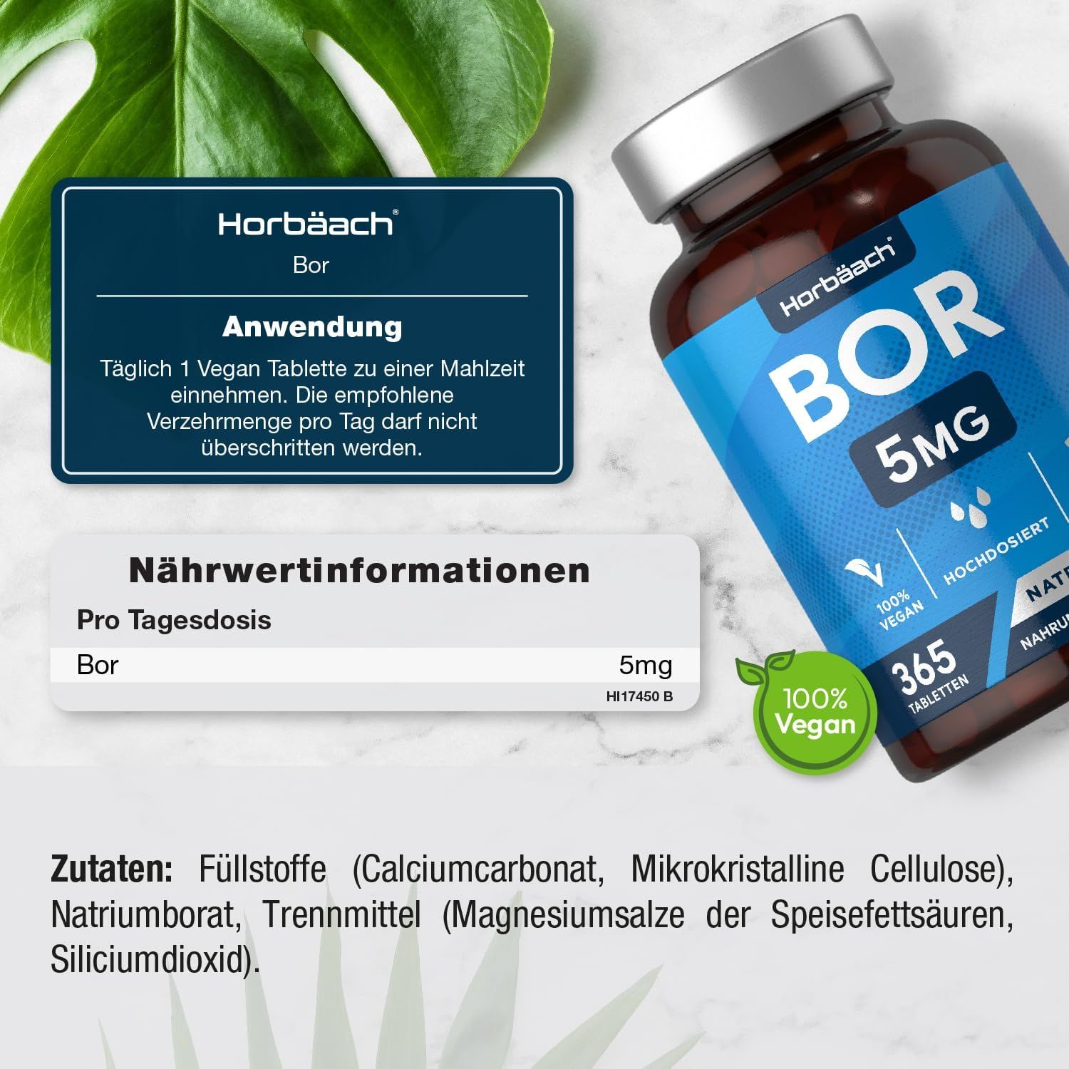 Flacone marrone con etichetta blu. BOR 5MG, 365 compresse, borato di sodio. Sigillo vegano. Informazioni nutrizionali. Logo Horbaach.