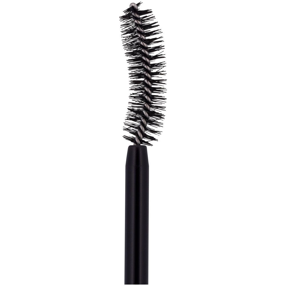 Primo piano di uno scovolino per mascara. Setole nere, curve. Manico nero.