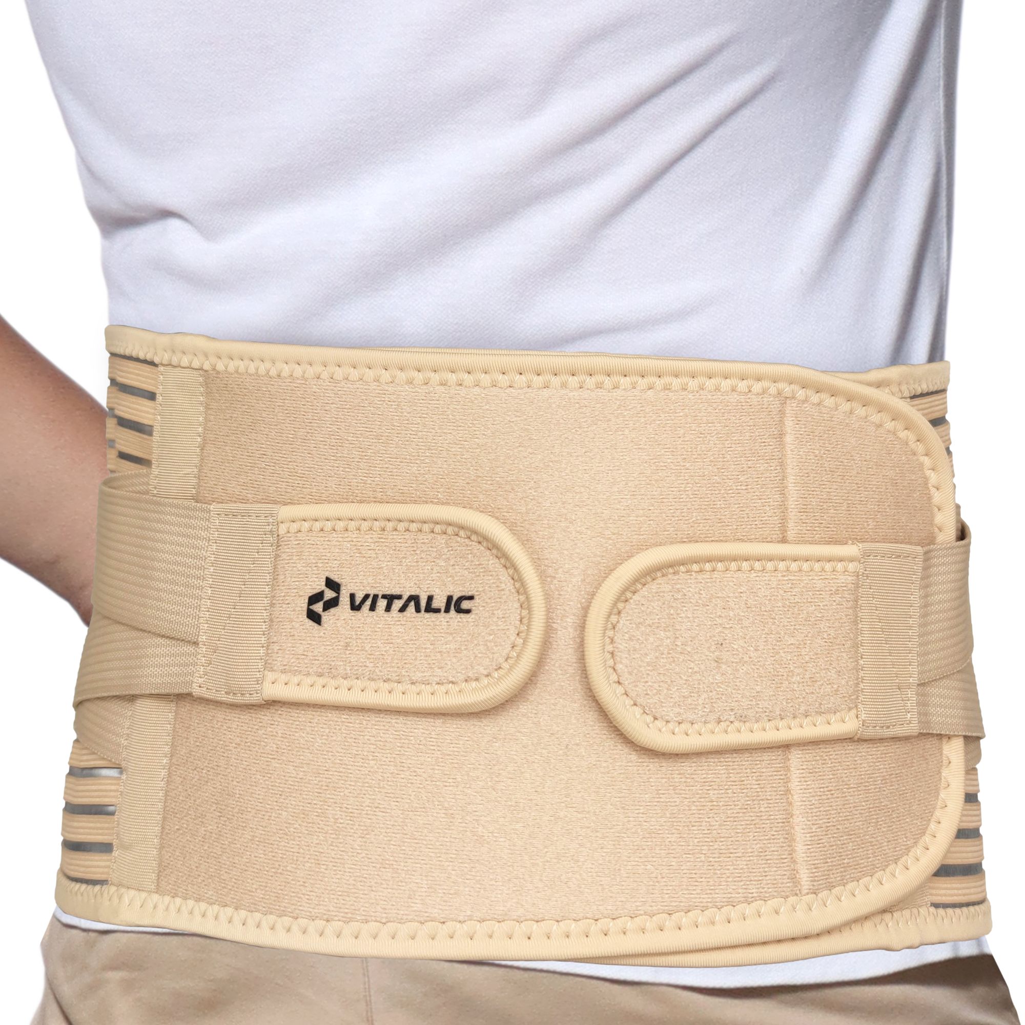 Cintura lombare beige con logo. Chiusure a strappo e fasce elastiche.
