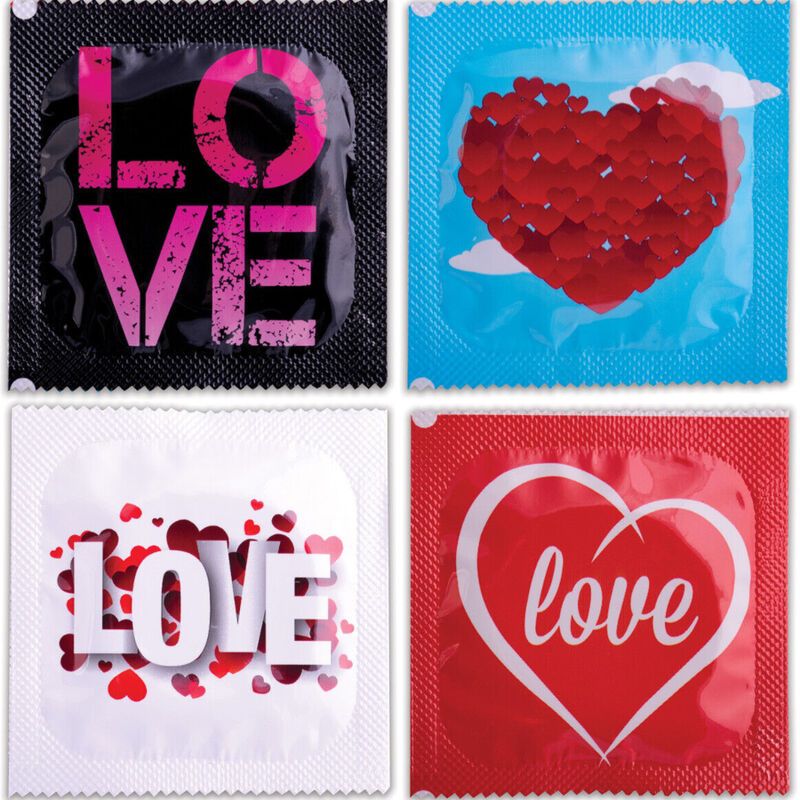 Preservativi Pasante Love: quattro confezioni singole con design: 'LOVE', cuore, 'love', cuore e scritta.