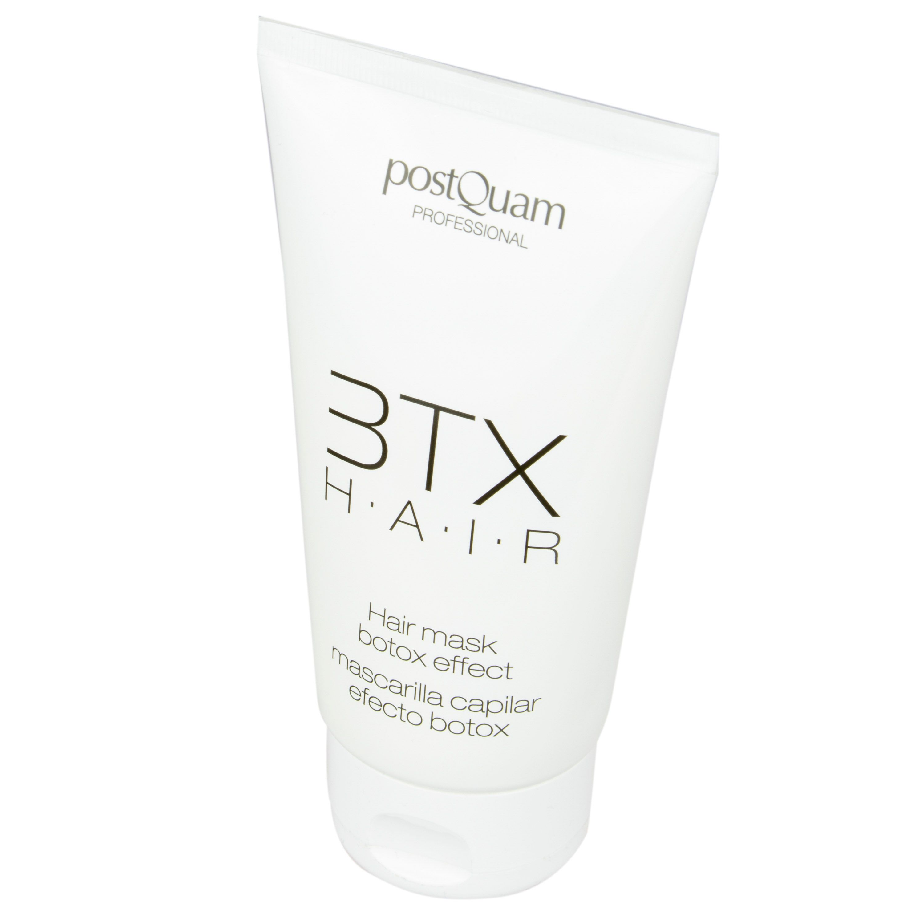 Tubo bianco con stampa nera. Testo: Postquam, 3TX HAIR, Hair mask botox effect, Mascarilla capilar efecto botox.