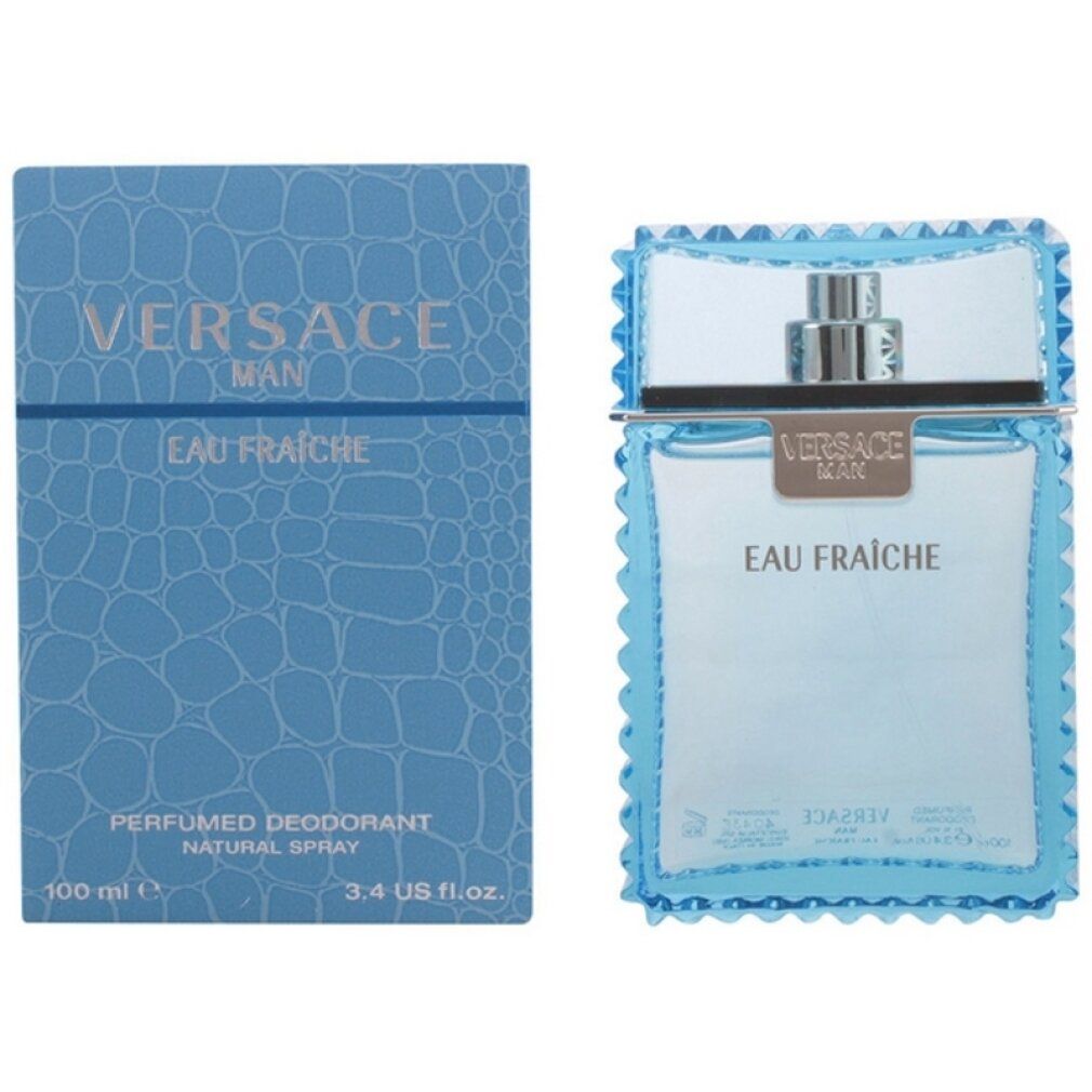 Spray deodorante azzurro e scatola. Scritta: Versace Man Eau Fraiche. Scatola con motivo coccodrillo.