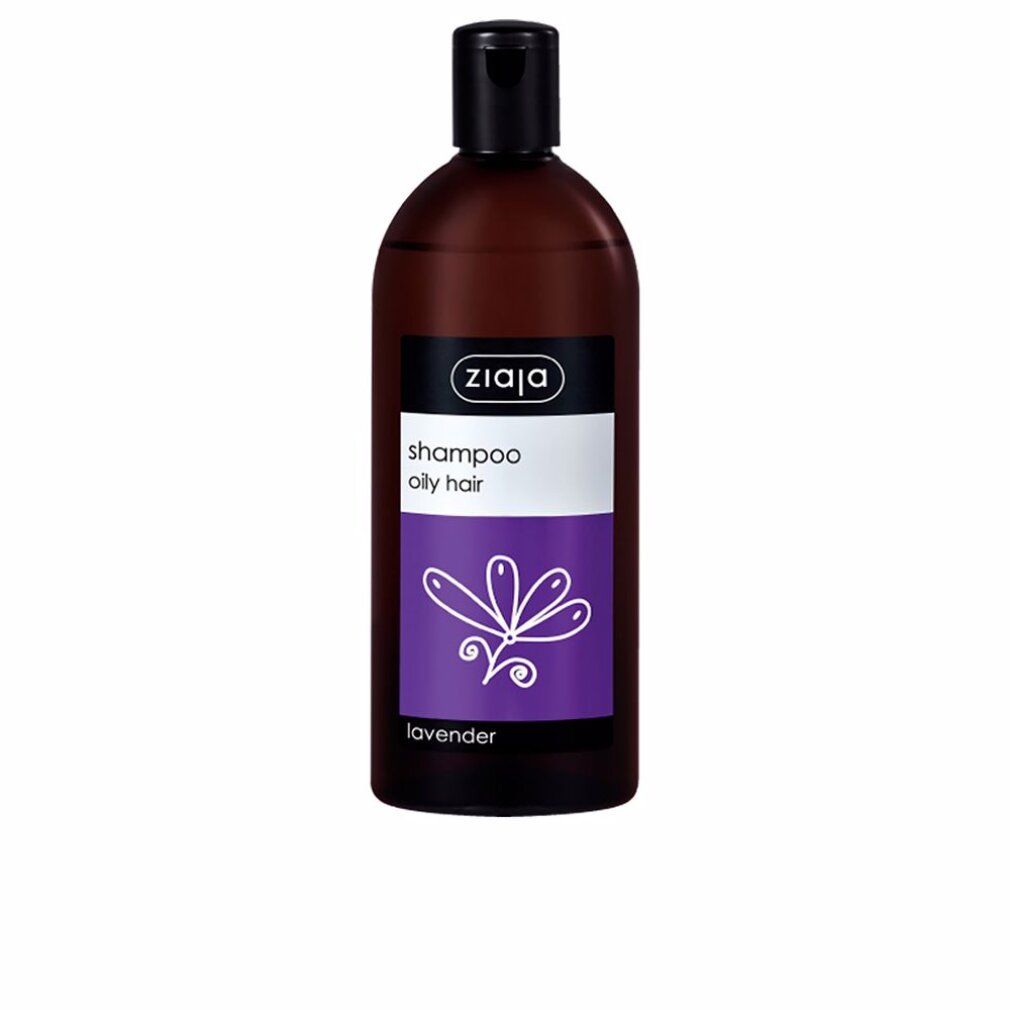Flacone marrone con tappo nero. Etichetta con testo: Shampoo, oily hair, lavanda. Marchio: Ziaja.
