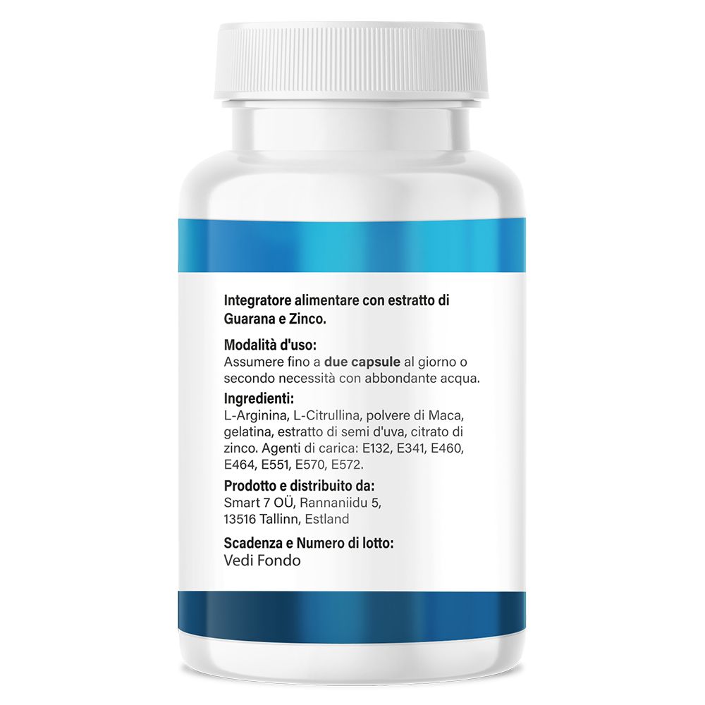 Retro di un flacone bianco con fascia blu. Testo: ingredienti, istruzioni per l'uso, informazioni sul produttore. Testo in italiano.