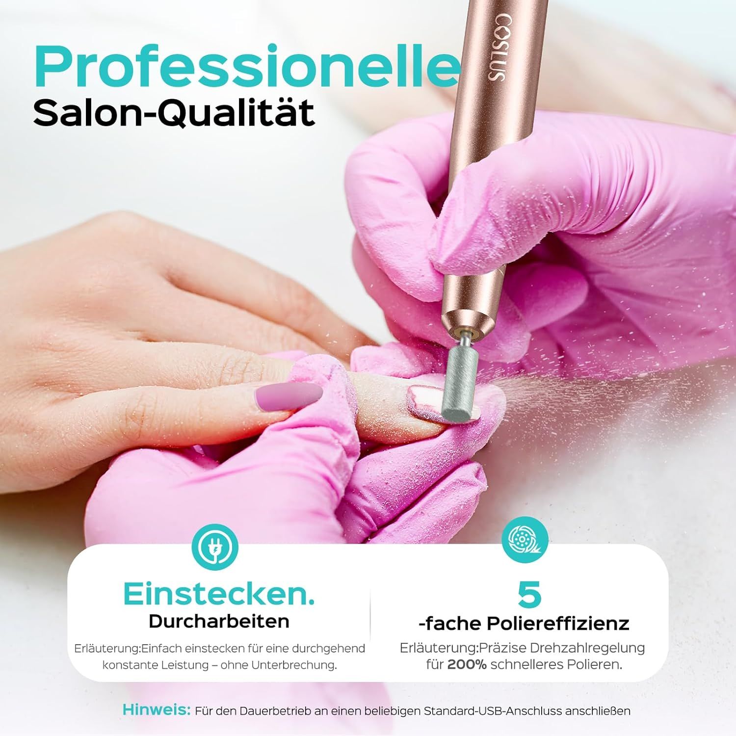 Fresa per unghie in azione. Manipolo color oro rosa, logo COSLUS. Testo: Qualità professionale da salone. Illustrazioni: Inserire, lavorare.