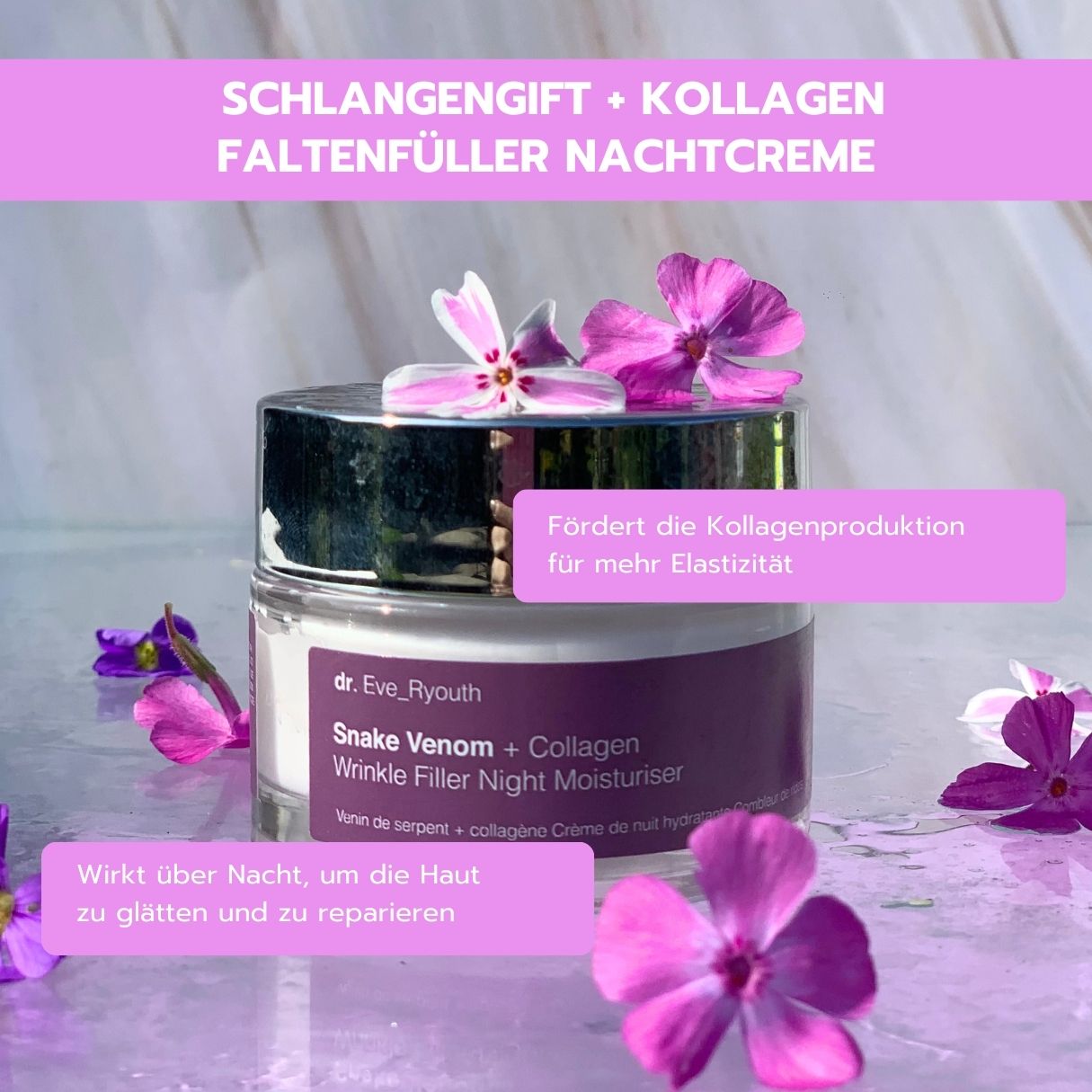 Dr. Eve_R youth Veleno di serpente + Collagene Crema notte antirughe decorata con fiori, promuove la produzione di collagene.