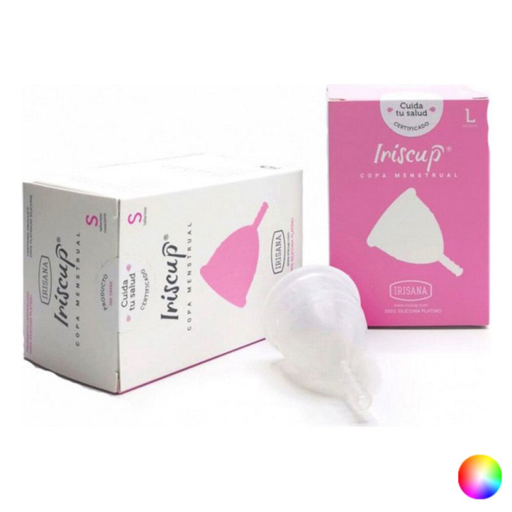 Coppetta mestruale Iriscup taglia S, bianca, accanto alla sua confezione.