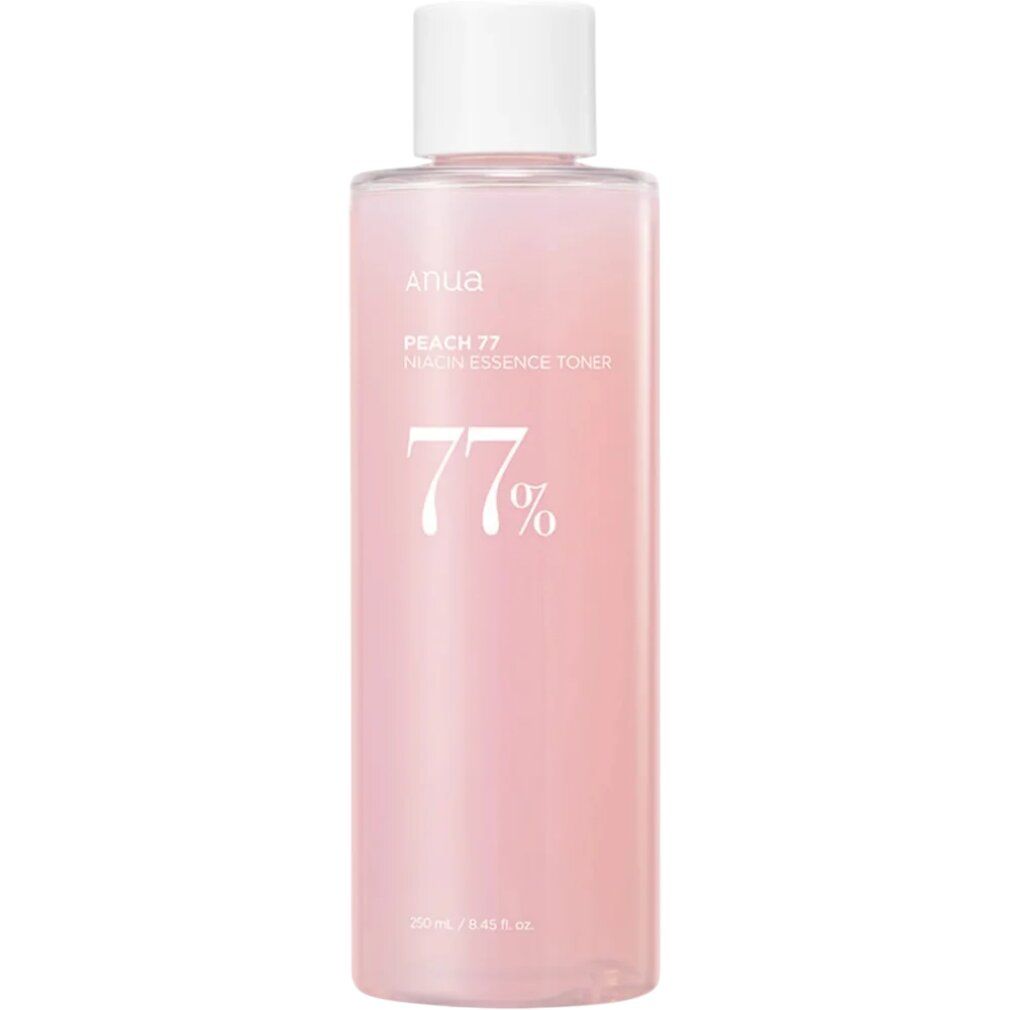ANUA Peach 77% Niacin Essence Toner in una bottiglia trasparente con tappo bianco.