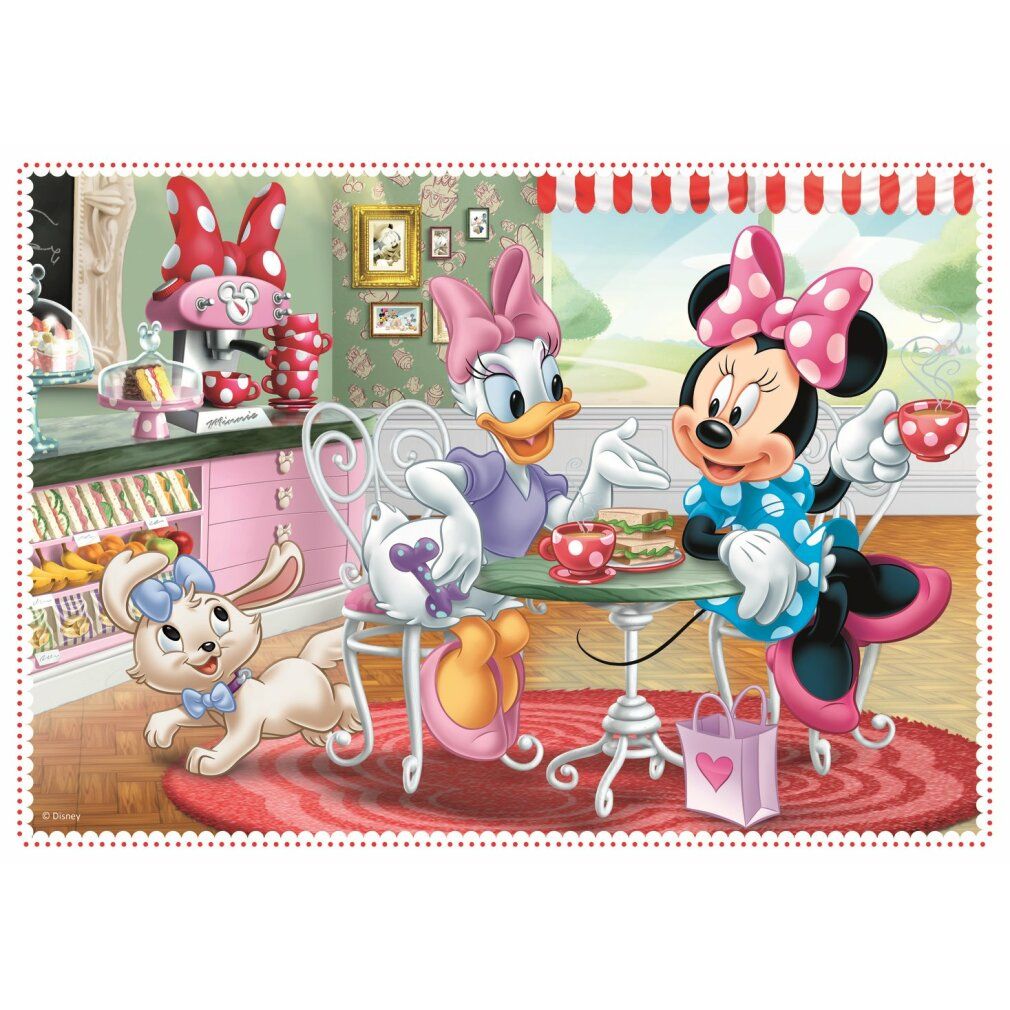 Puzzle con Minnie e Paperina in un bar. Minnie e Paperina sono sedute a un tavolo. Un coniglio è visibile.