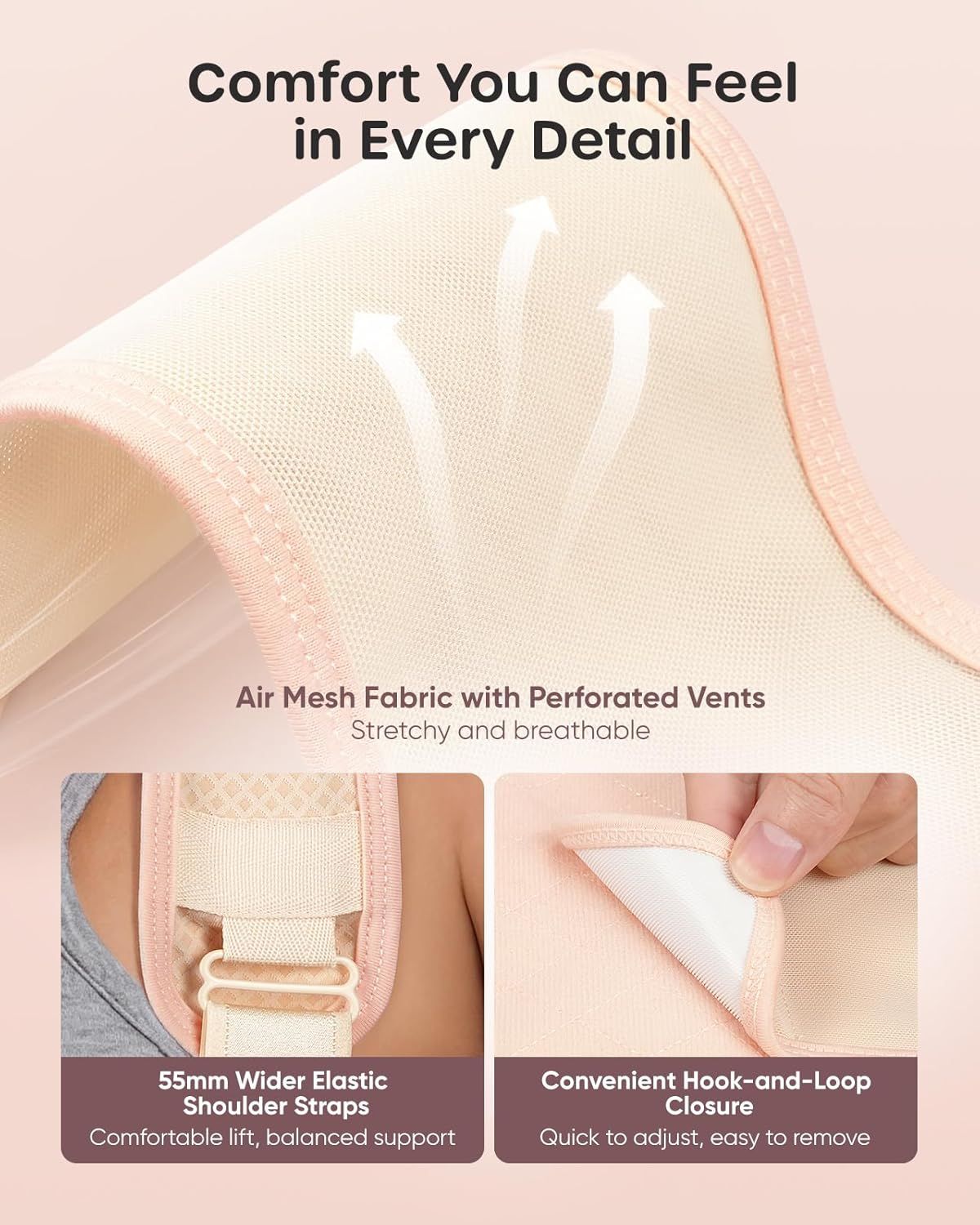 Vista dettagliata del tessuto Air-Mesh traspirante e della chiusura a velcro.