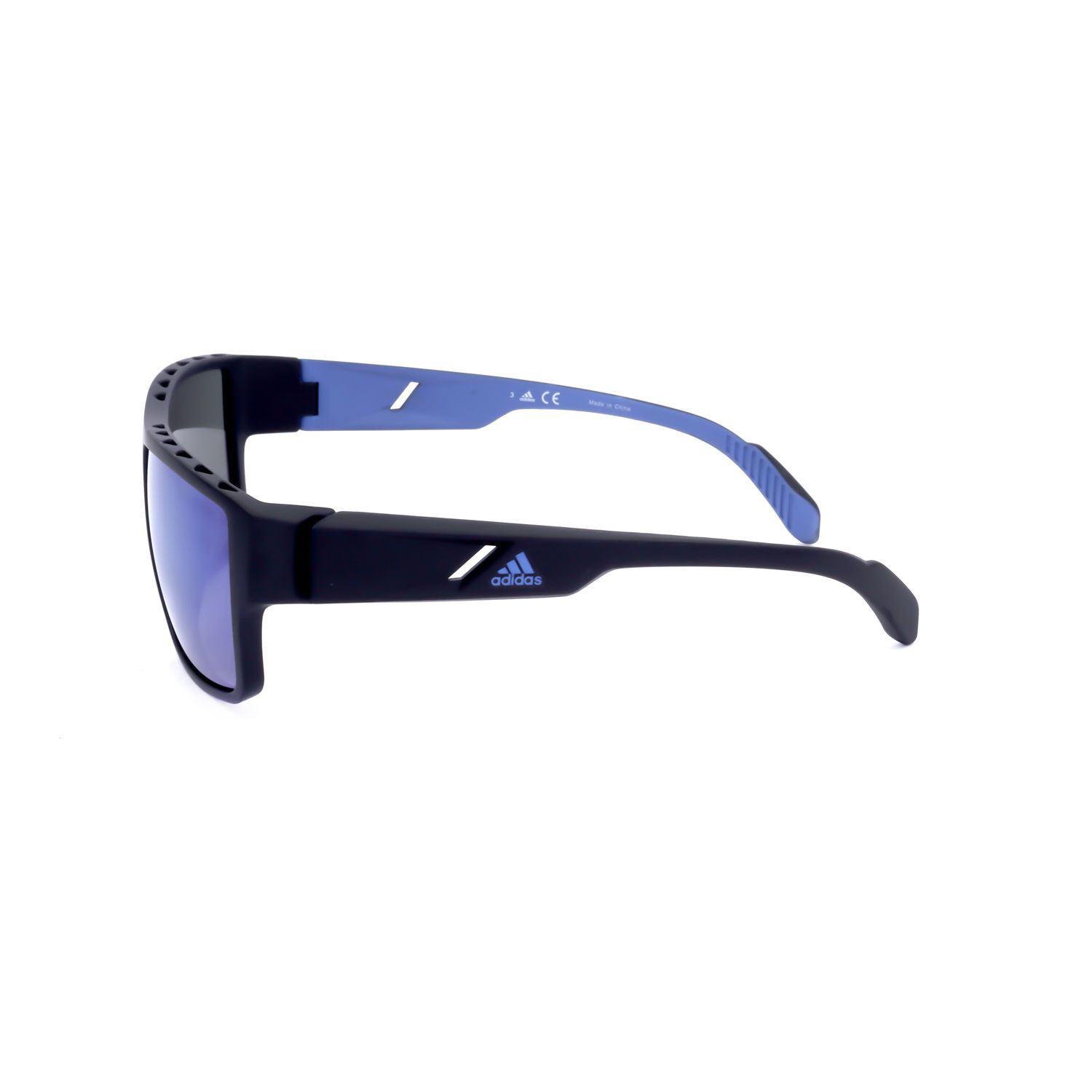 Occhiali da sole Adidas neri con aste blu e lenti a specchio.