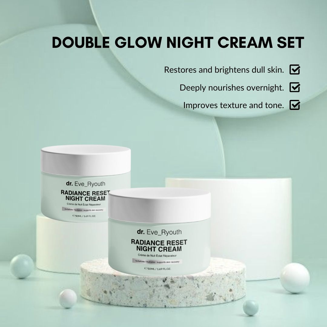 Tre vasetti di crema notte su piedistallo. Scritta: Dr. Eve_Ryouth, Radiance Reset Night Cream. Testo: DOUBLE GLOW NIGHT CREAM SET.