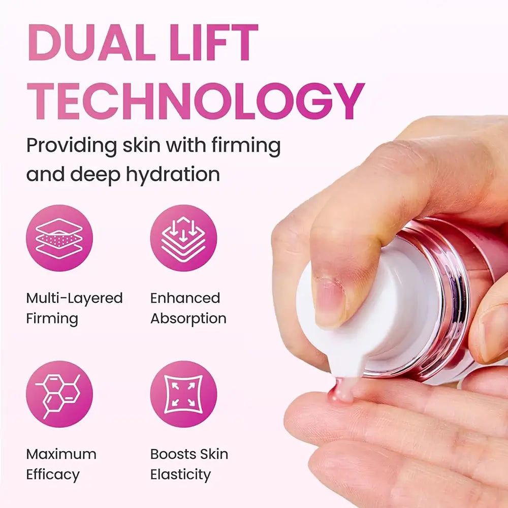 Primo piano sull'erogatore dello YADAH Collagen Dual Lift Sérum con icone dei benefici.