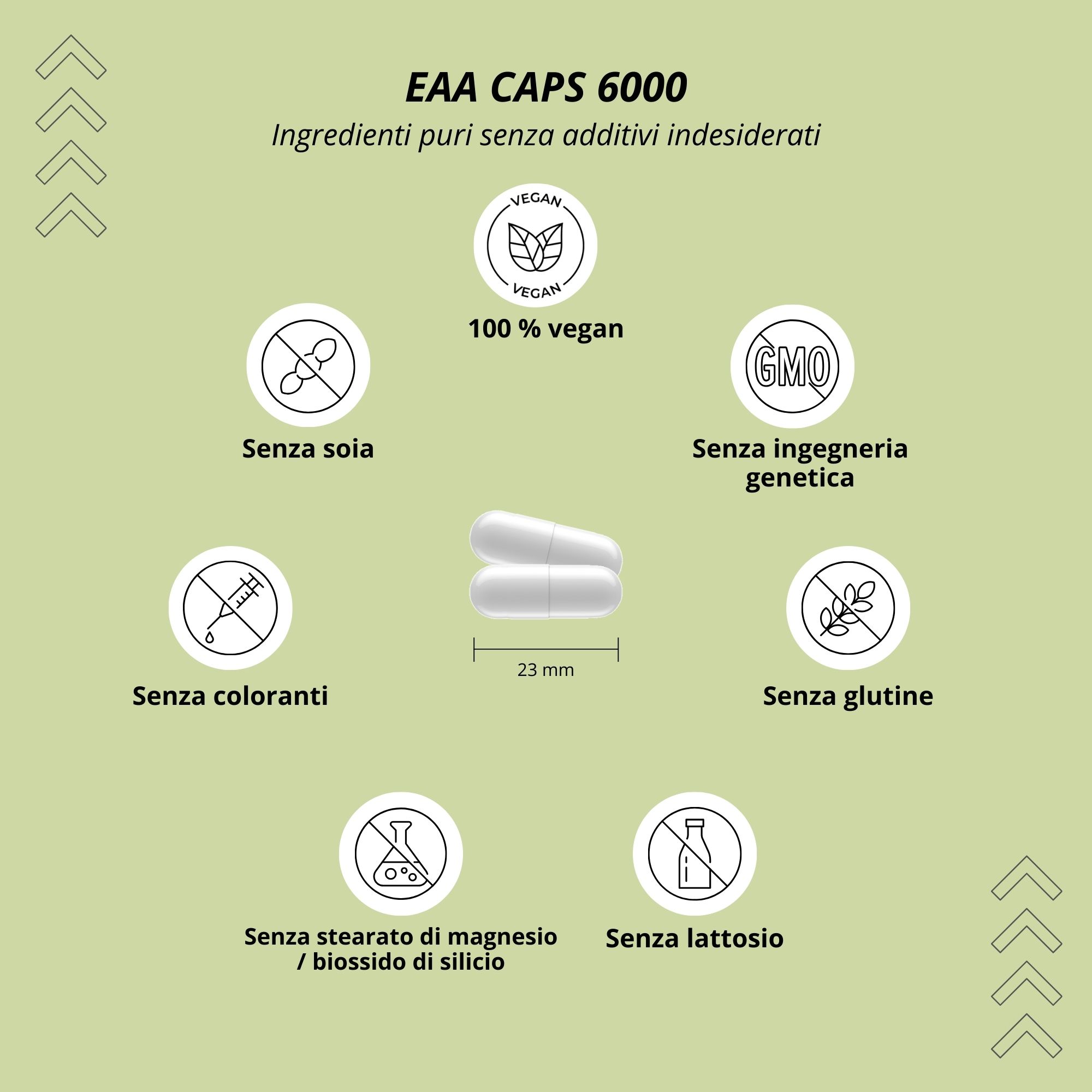 Grafica con capsule e simboli. Testo: EAA CAPS 6000, 100% vegano, senza soia, senza OGM, senza coloranti, senza glutine.