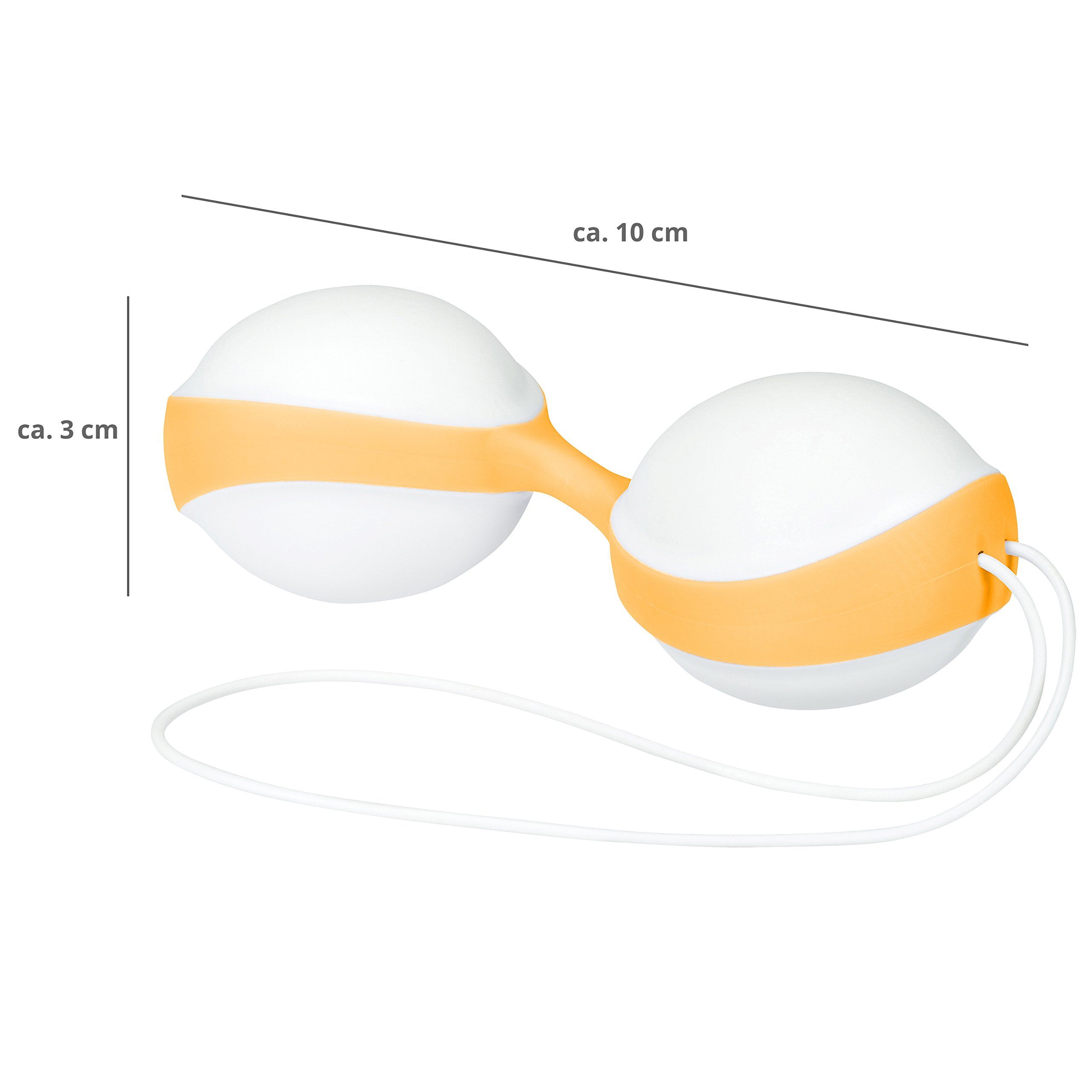 Due sfere bianche (diam. ca. 3 cm) con fascia arancione, lunghe ca. 10 cm, con cordino.