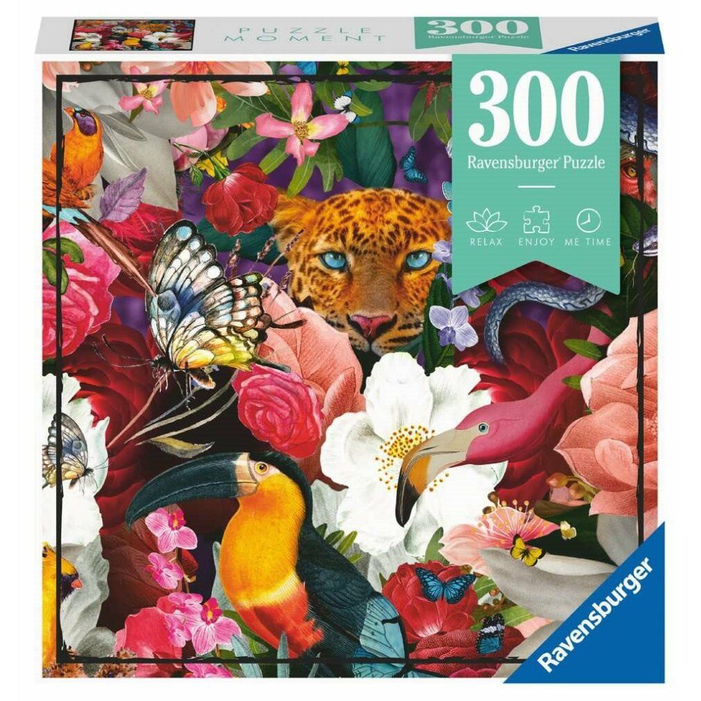 Puzzle Moment: Blumen, 300 pezzi. Confezione con fiori, uccelli, leopardo, serpente e farfalle. Marca: Ravensburger.