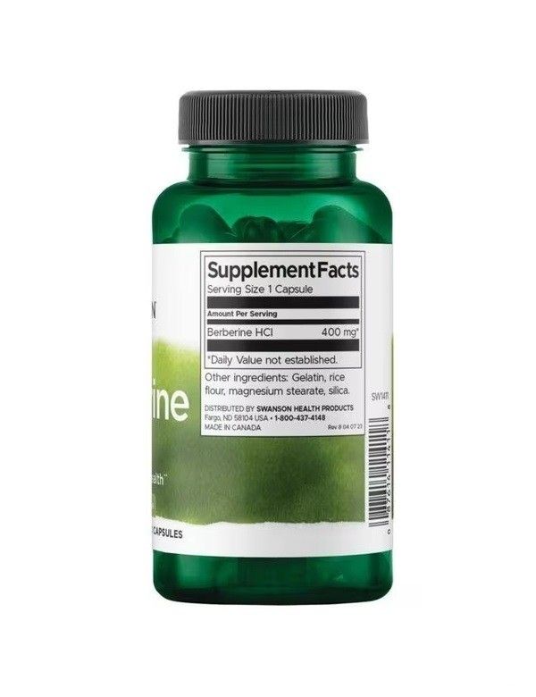 Retro di una bottiglia verde con tappo nero. Etichetta con informazioni nutrizionali. Contiene Berberina HCl 400 mg per porzione.