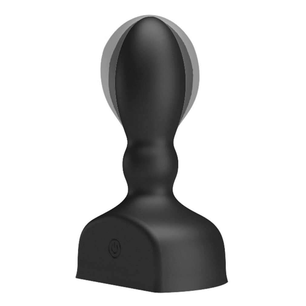Butt plug gonfiabile nero. Forma ovale, base ampia. Un pulsante visibile sulla base.