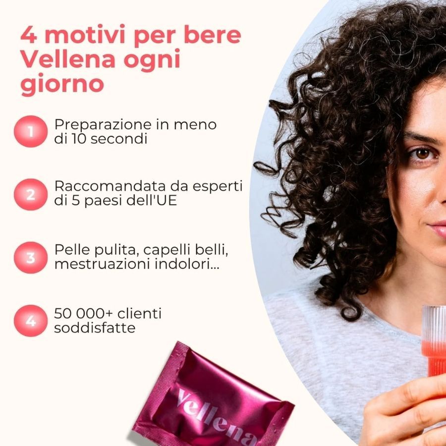 Bustina rosa con nome del prodotto. Testo: Preparazione in meno di 10 secondi, raccomandato da esperti, pelle pulita, capelli belli, 50.000+ clienti soddisfatte.