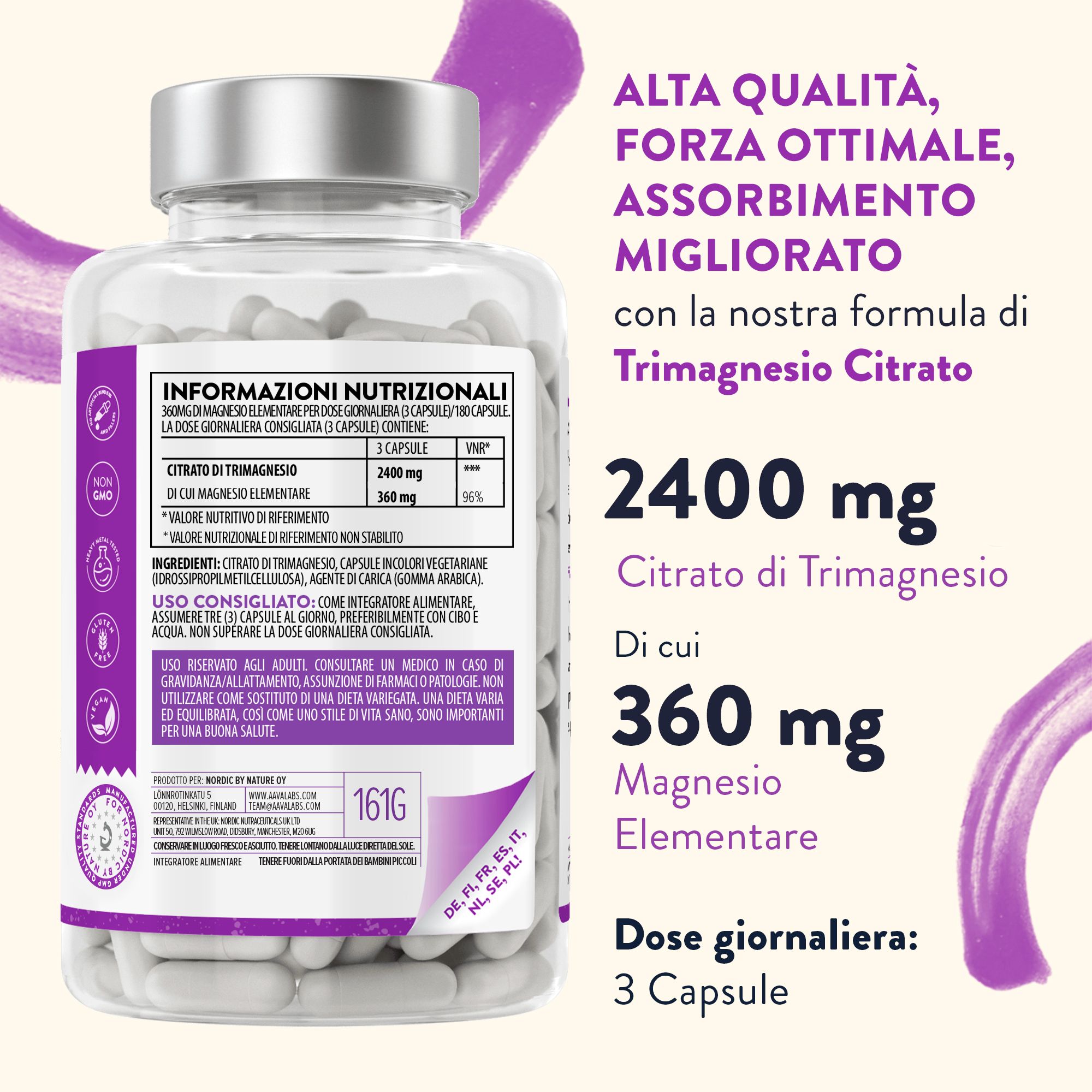 Flacone di capsule di citrato di magnesio. Informazioni nutrizionali e dosaggio visibili. 3 capsule al giorno.