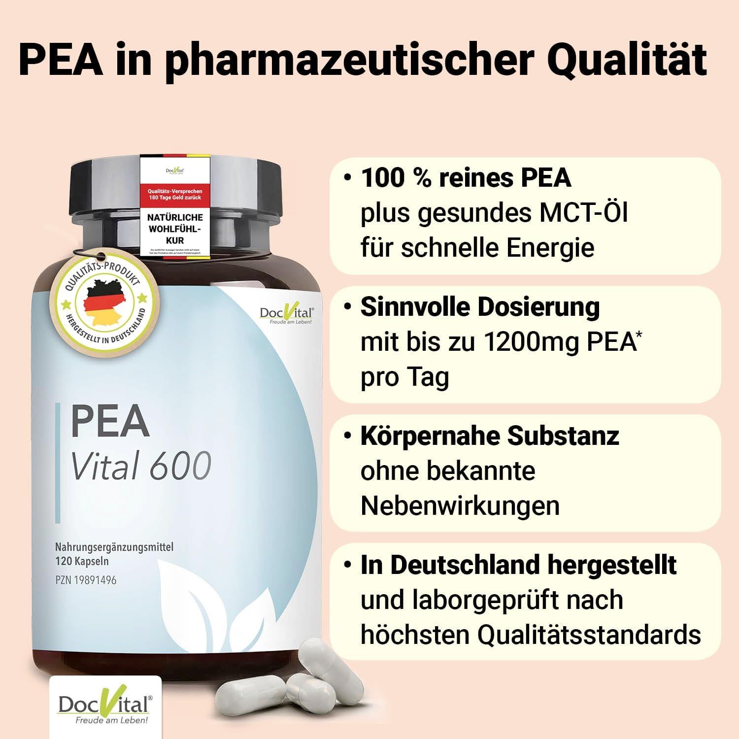 Flacone di capsule DocVital PEA Vital 600, 120 pezzi. Con sigillo 'Prodotto di qualità, fabbricato in Germania'.