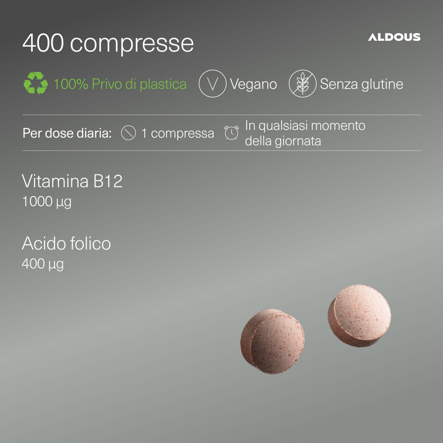 Aldous Vitamina B12: 400 compresse, 1000µg Vitamina B12, 400µg Acido Folico. Vegano, senza glutine.