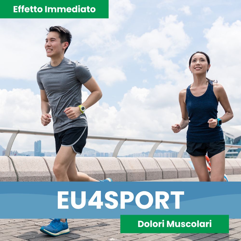 Due corridori su un ponte. EU4SPORT, dolori muscolari. Cielo e nuvole sullo sfondo.