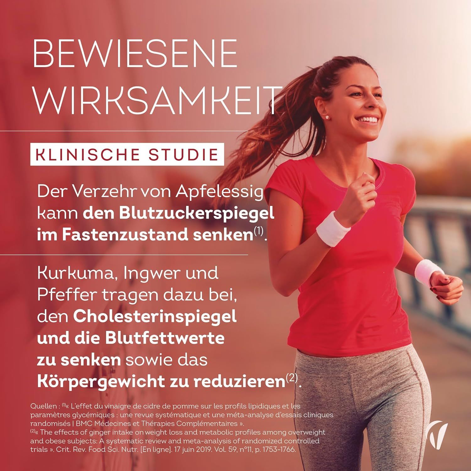 Corridore. Testo: Studio clinico. L'aceto di mele può abbassare la glicemia. Curcuma, zenzero, pepe abbassano il colesterolo.