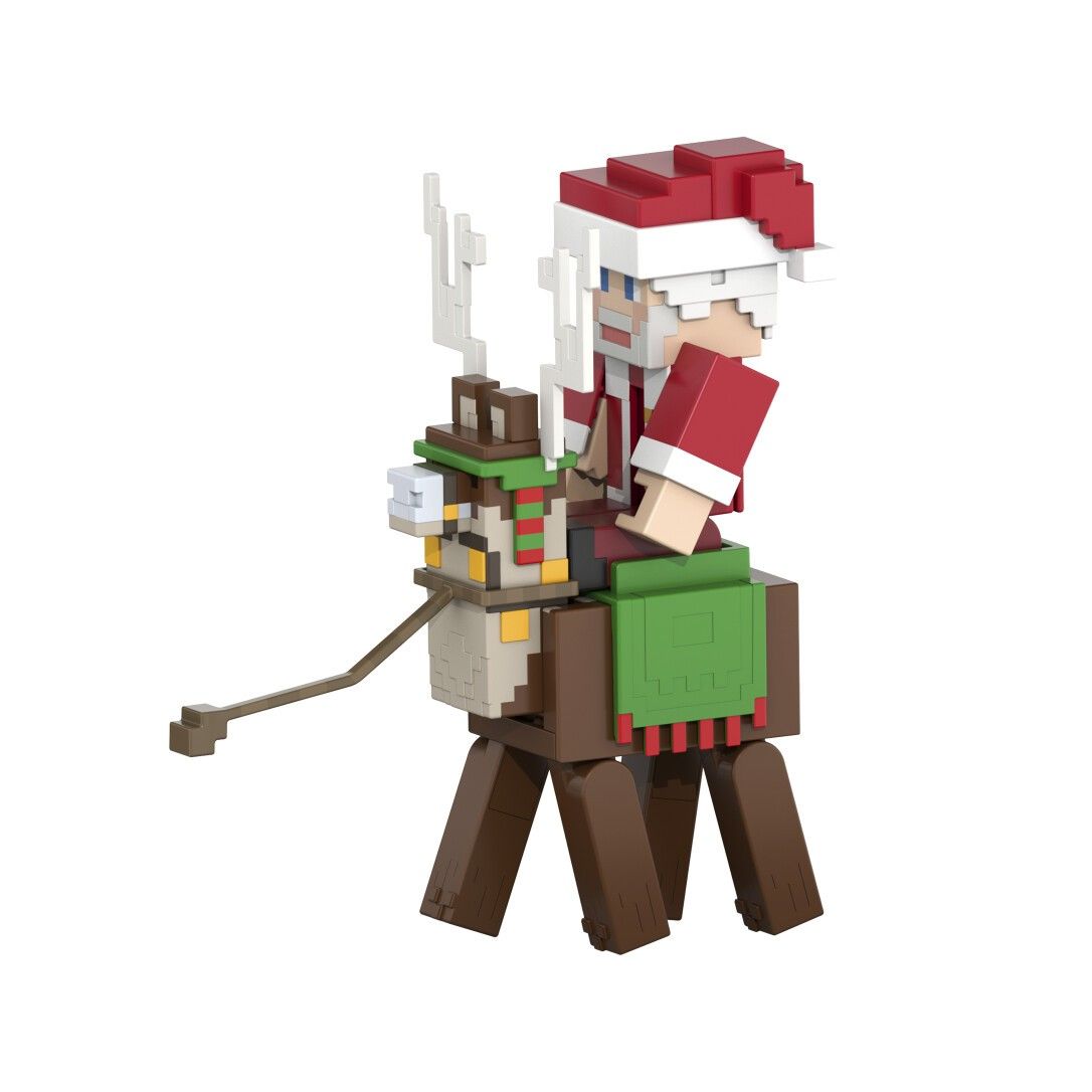 Figura Minecraft di Babbo Natale a cavallo di una renna. La figura indossa un abito e un cappello rossi. La renna ha un'imbracatura verde.