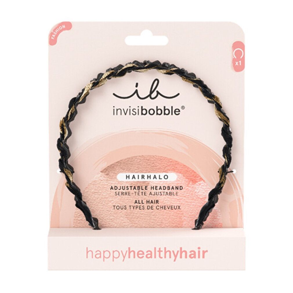Cerchietto Invisibobble Hairhalo Roarsome nero e oro. Confezione con nome del prodotto, marchio e testi multilingue.