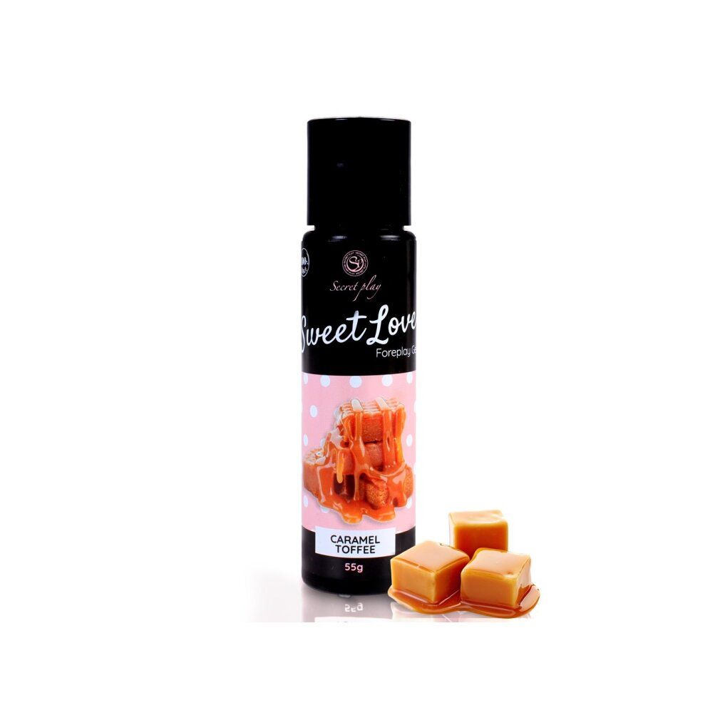 Flacone nero con etichetta. Scritta: Sweet Love Foreplay Gel. Illustrazione di caramello mou. 55g. Tre caramelle mou.
