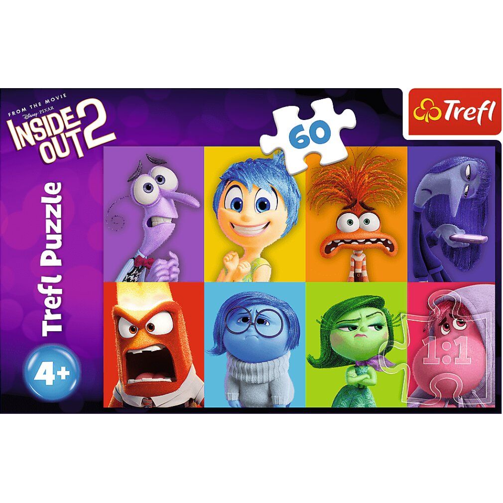 Scatola puzzle con il motivo di "Inside Out 2". Contiene 60 pezzi. Marchio Trefl. Età consigliata 4+.