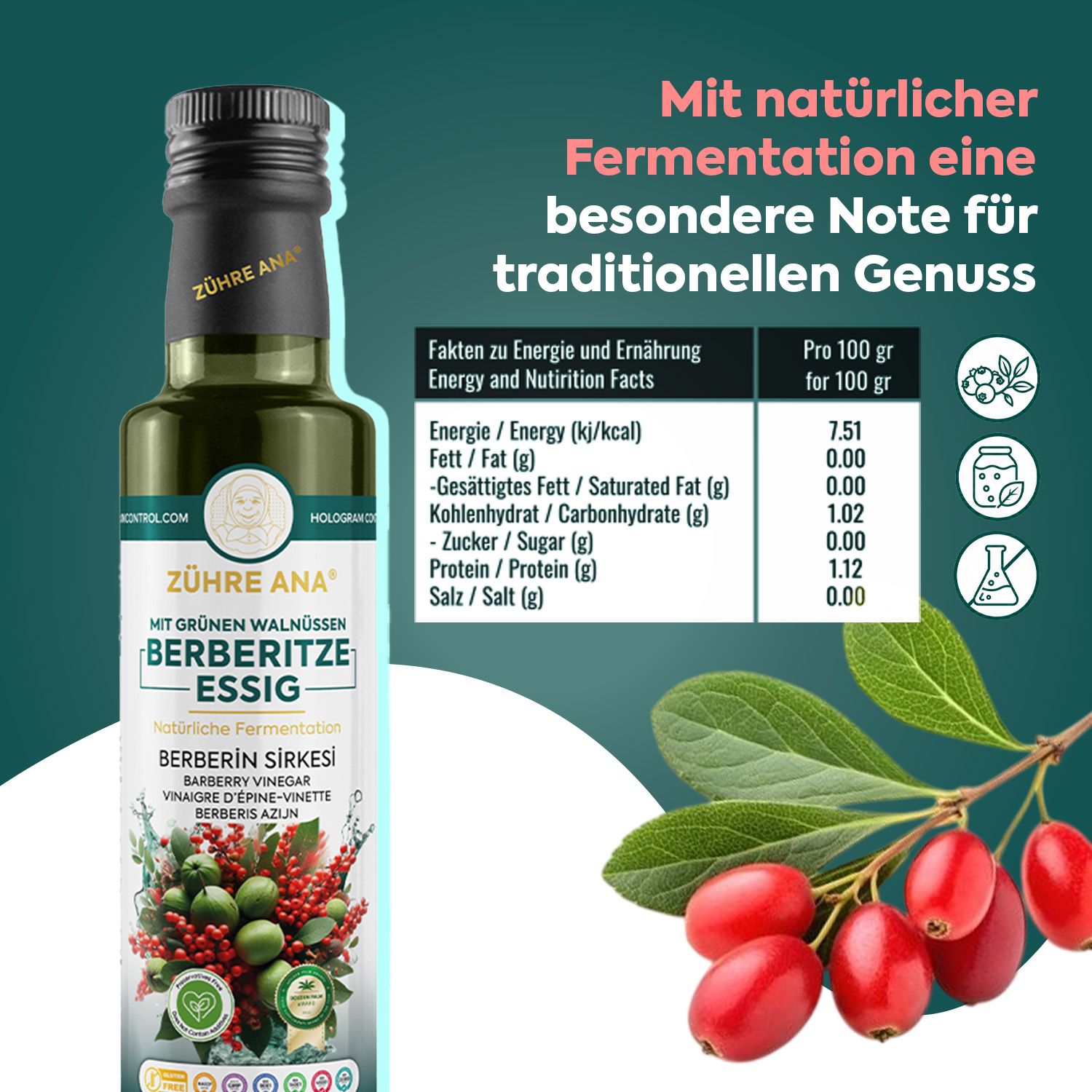 Bottiglia di aceto di berberis Zühre Ana con noci verdi, valori nutrizionali e bacche.