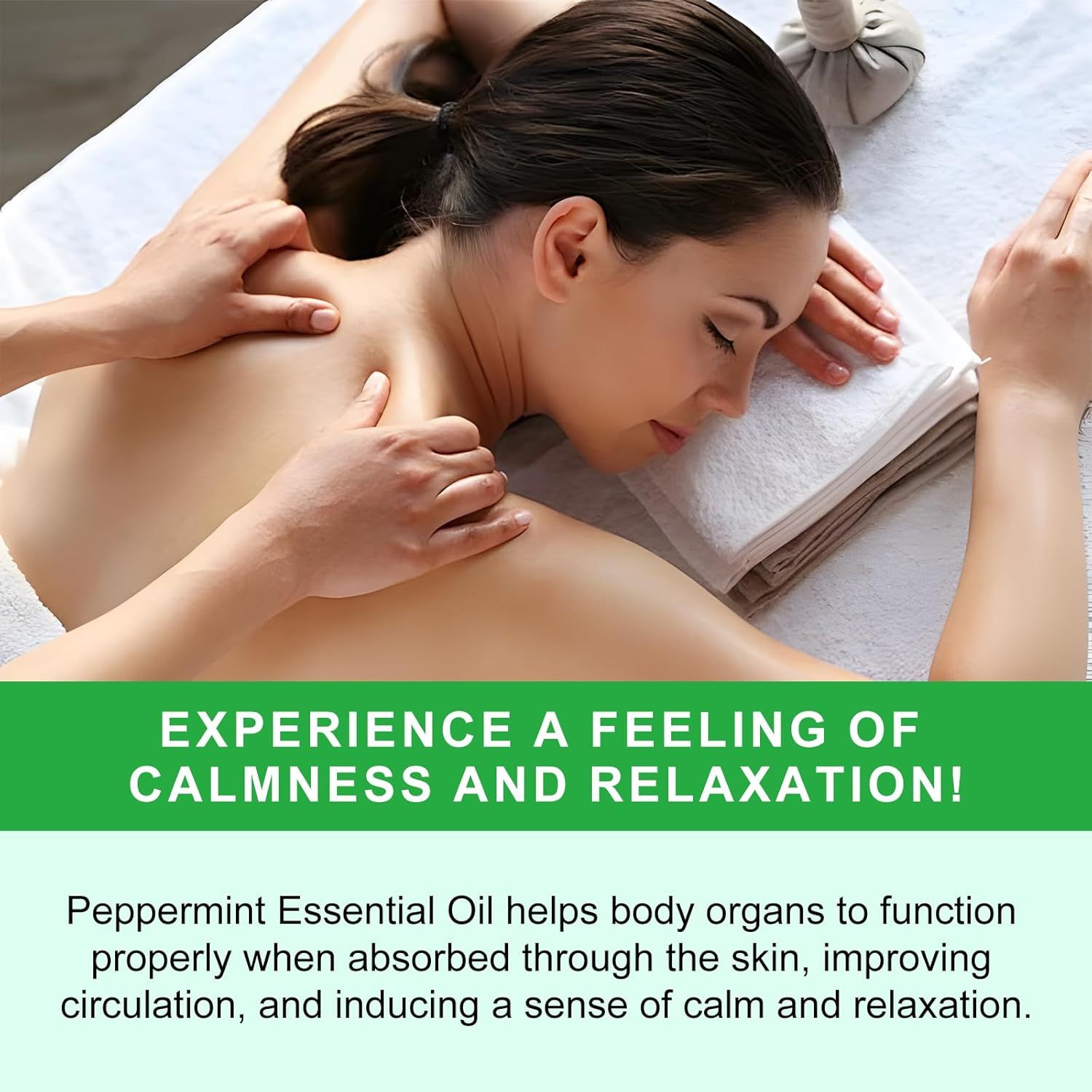 Massaggio alla schiena. Testo: "Prova una sensazione di calma e relax!" Olio essenziale di menta piperita.