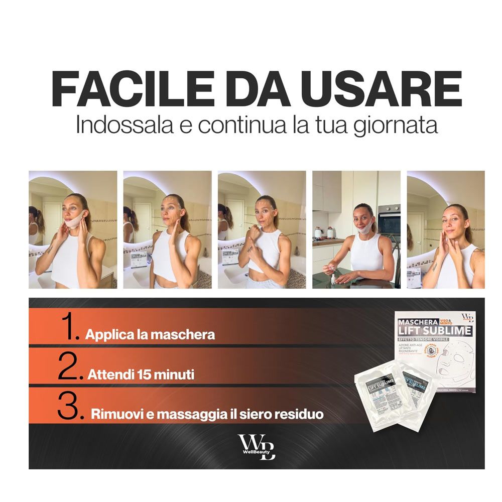 Donna con maschera viso. Testo: Maschera Lift Sublime. Logo WellBeauty. Confezione e bustine. Istruzioni per l'uso.