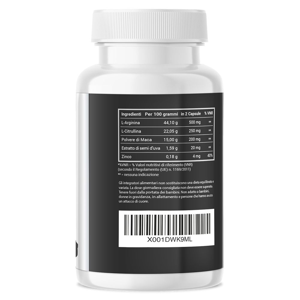 Retro di un flacone. Etichetta nera con testo italiano. Contiene informazioni nutrizionali e ingredienti.