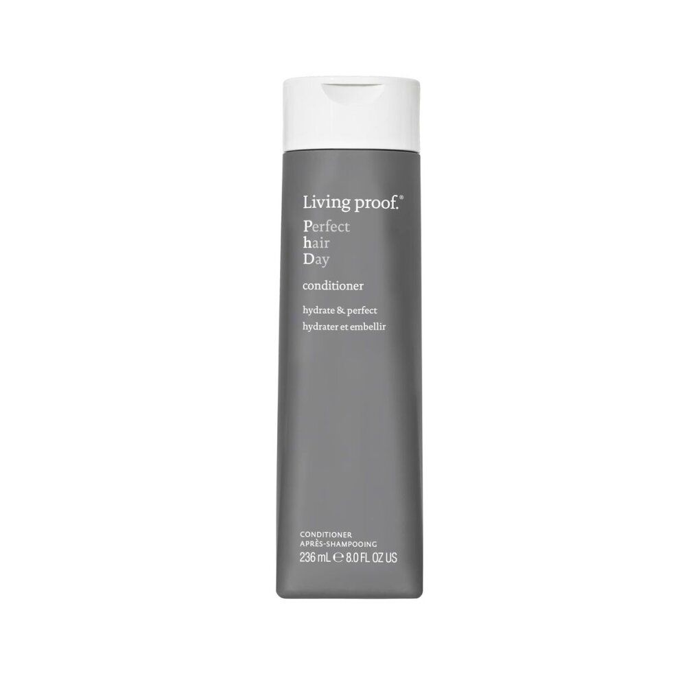 Flacone grigio con tappo bianco. Scritta: Living proof, Perfect hair Day conditioner. Testo: hydrate & perfect.