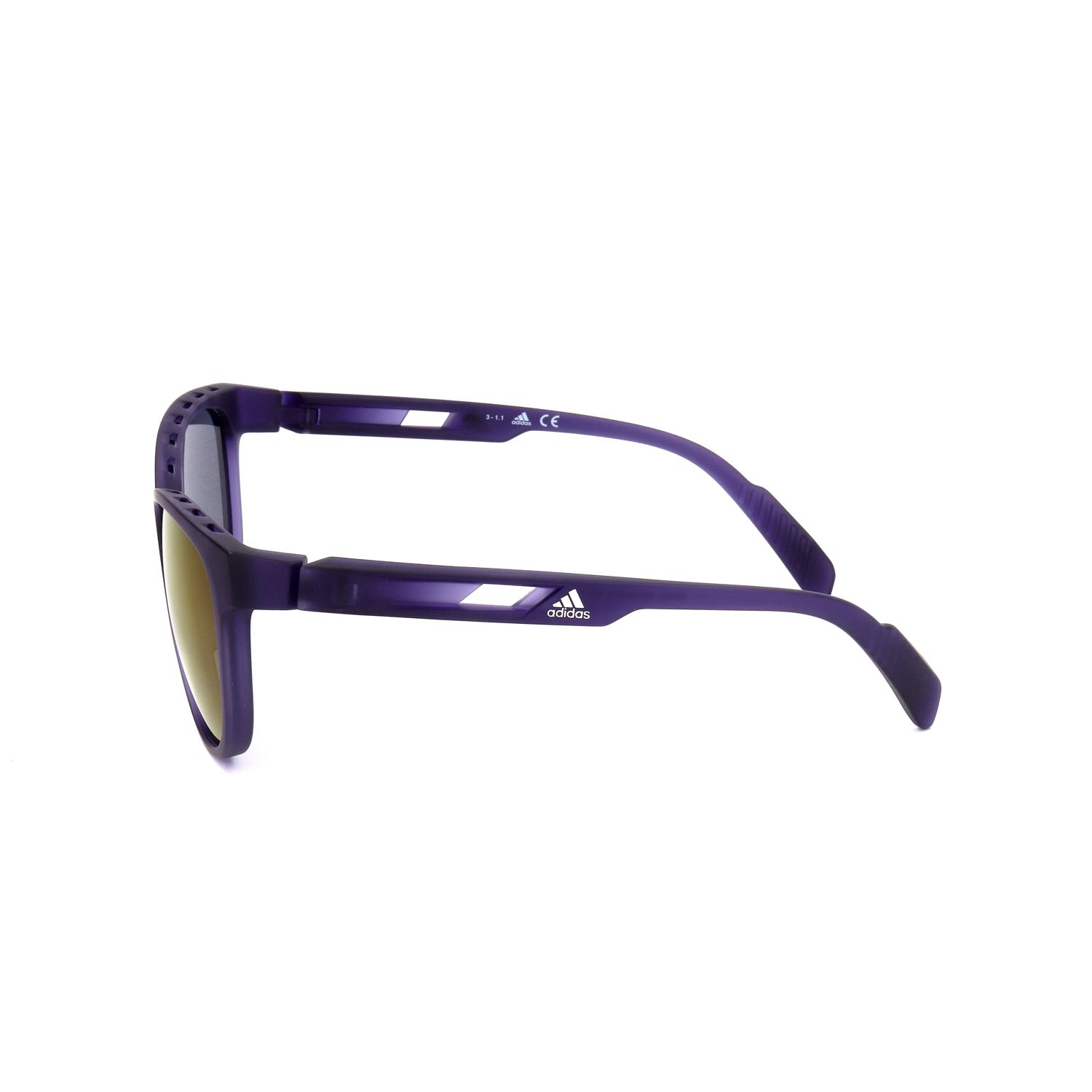 Occhiali da sole sportivi Adidas viola con lenti dorate e marchio CE.