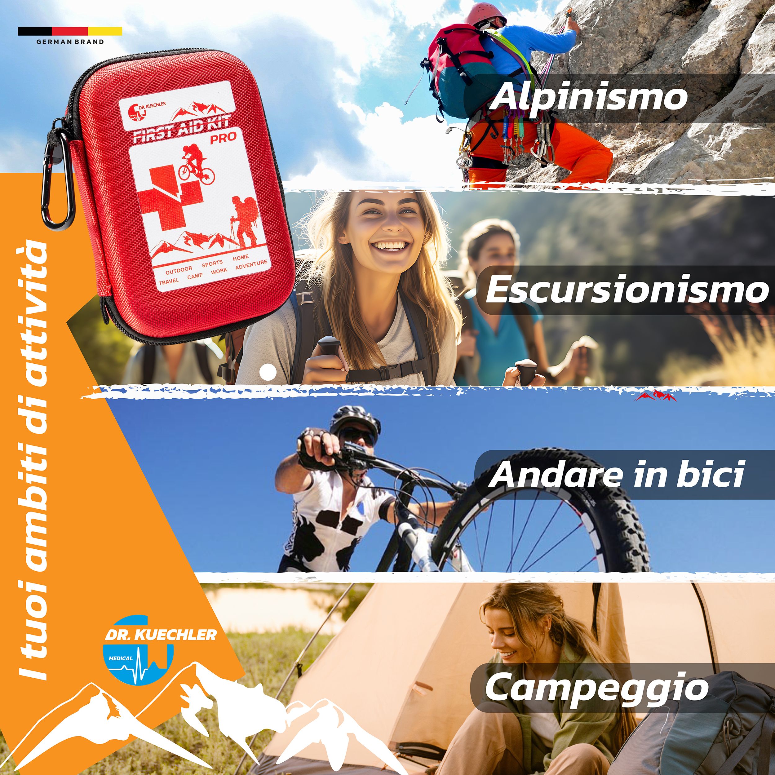 Kit di pronto soccorso rosso con stampa bianca. Testo: « FIRST AID KIT PRO ». Con simboli di alpinista e ciclista.