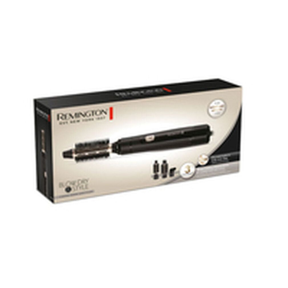 Confezione della spazzola ad aria calda. Scatola nera con immagine del prodotto e marchio: REMINGTON. Testo: BLOW DRY & STYLE.