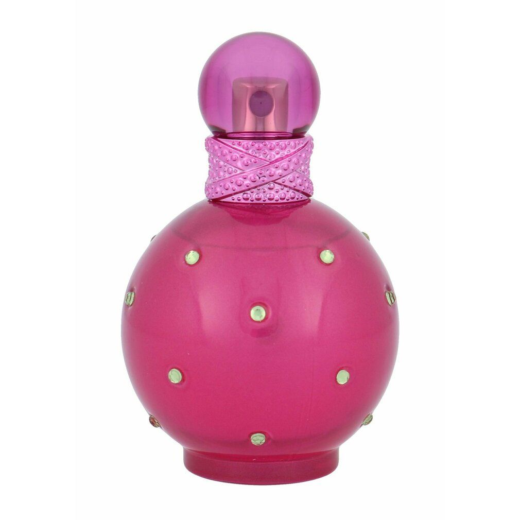 Flacone rosa rotondo con tappo rosa e strass. Il flacone è in posizione verticale.