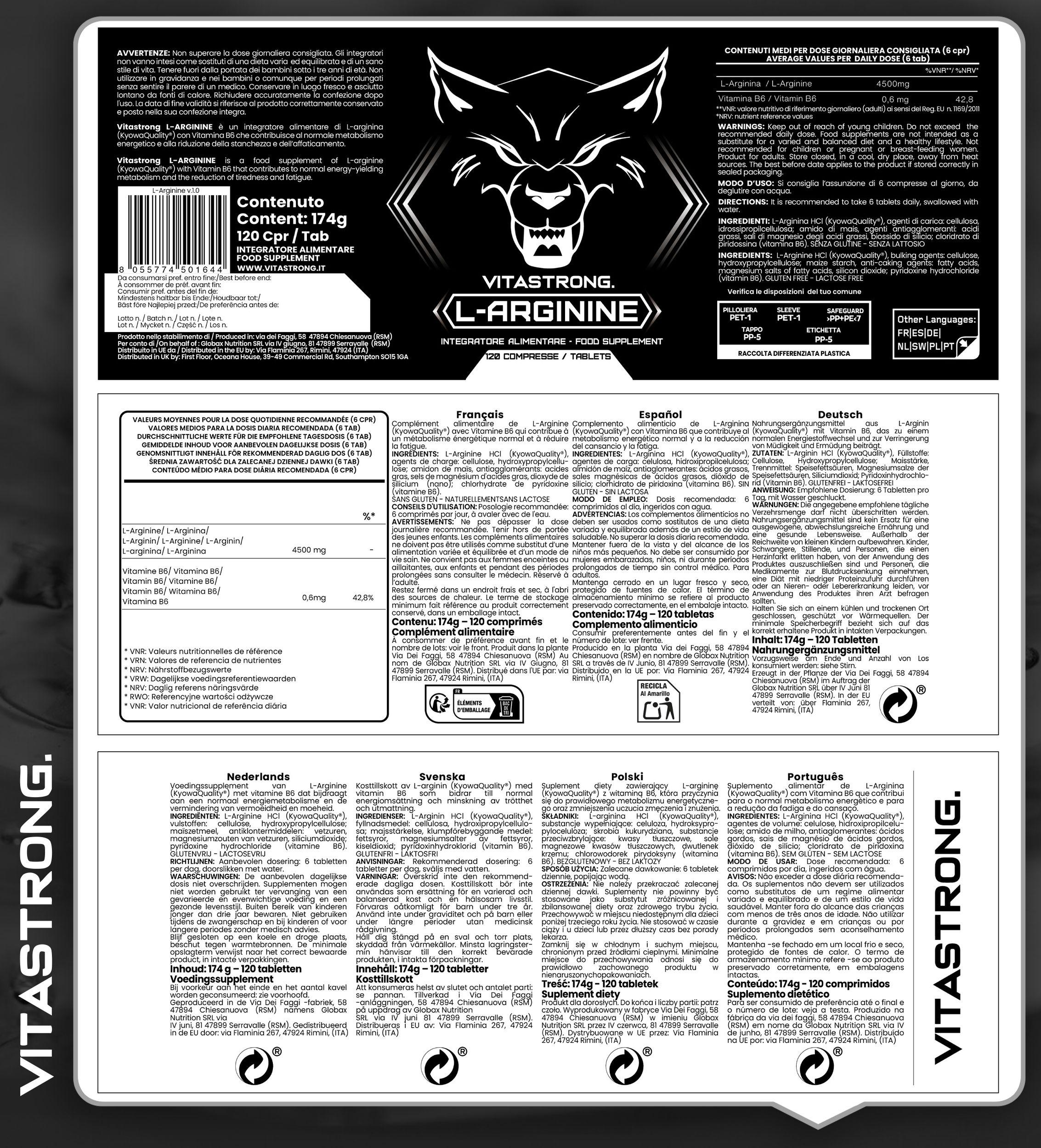 Etichetta Vitastrong L-Arginina + Vitamina B6. Contiene 120 compresse. Sfondo nero con testo e logo.