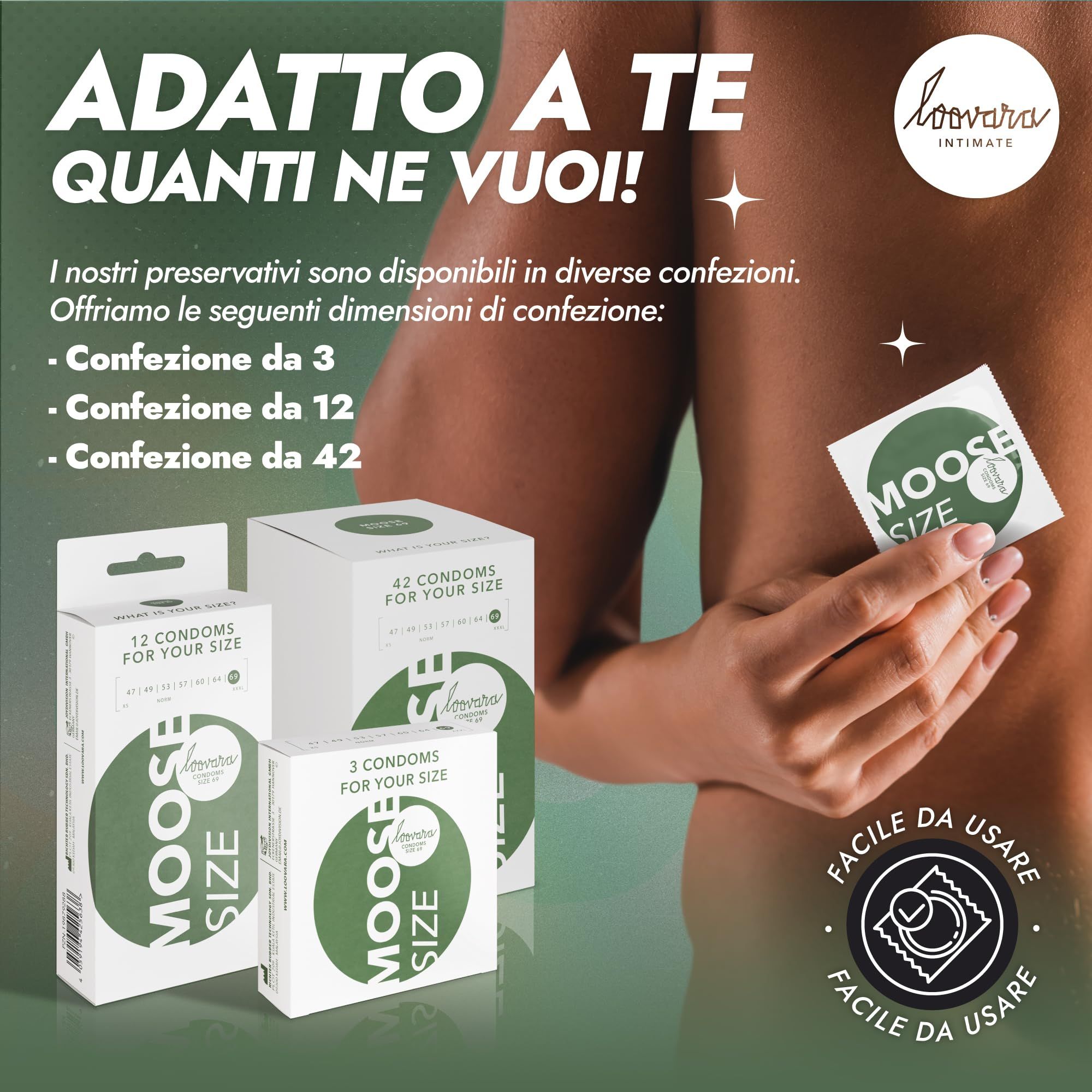 Confezioni Loovara preservativi: 3, 12 e 42 pezzi. Stampa "MOOSE SIZE".