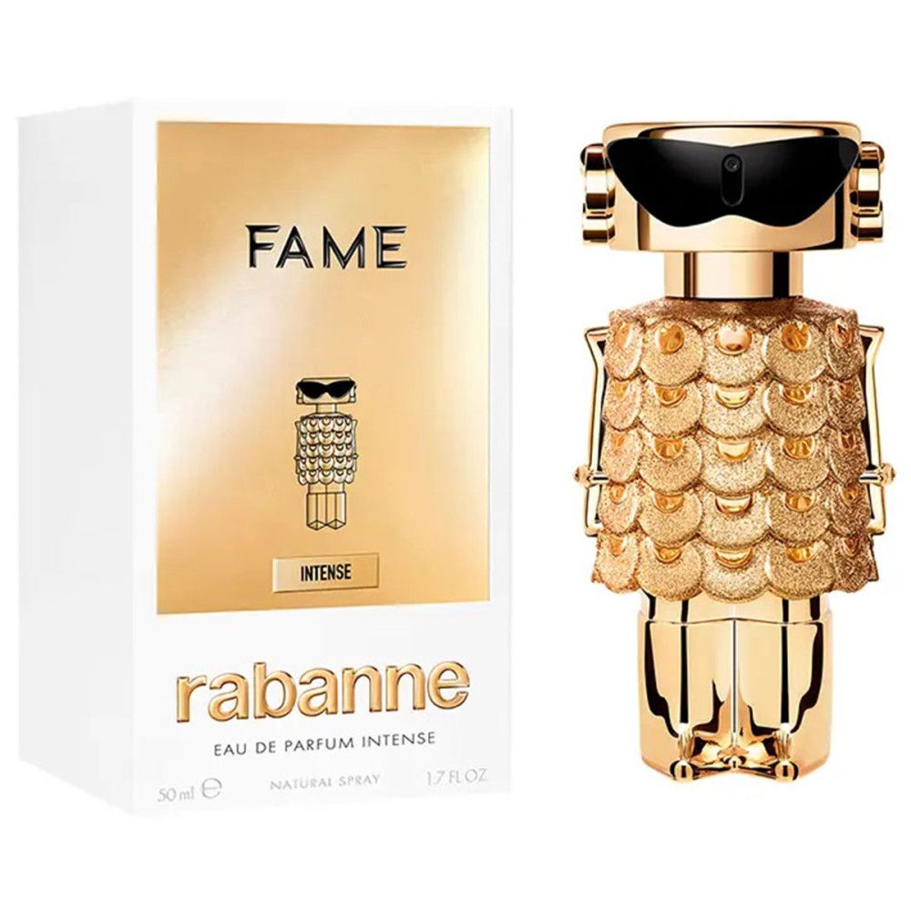 Flacone dorato con occhiali neri e confezione. Scritta: FAME, rabanne, Eau de Parfum Intense.
