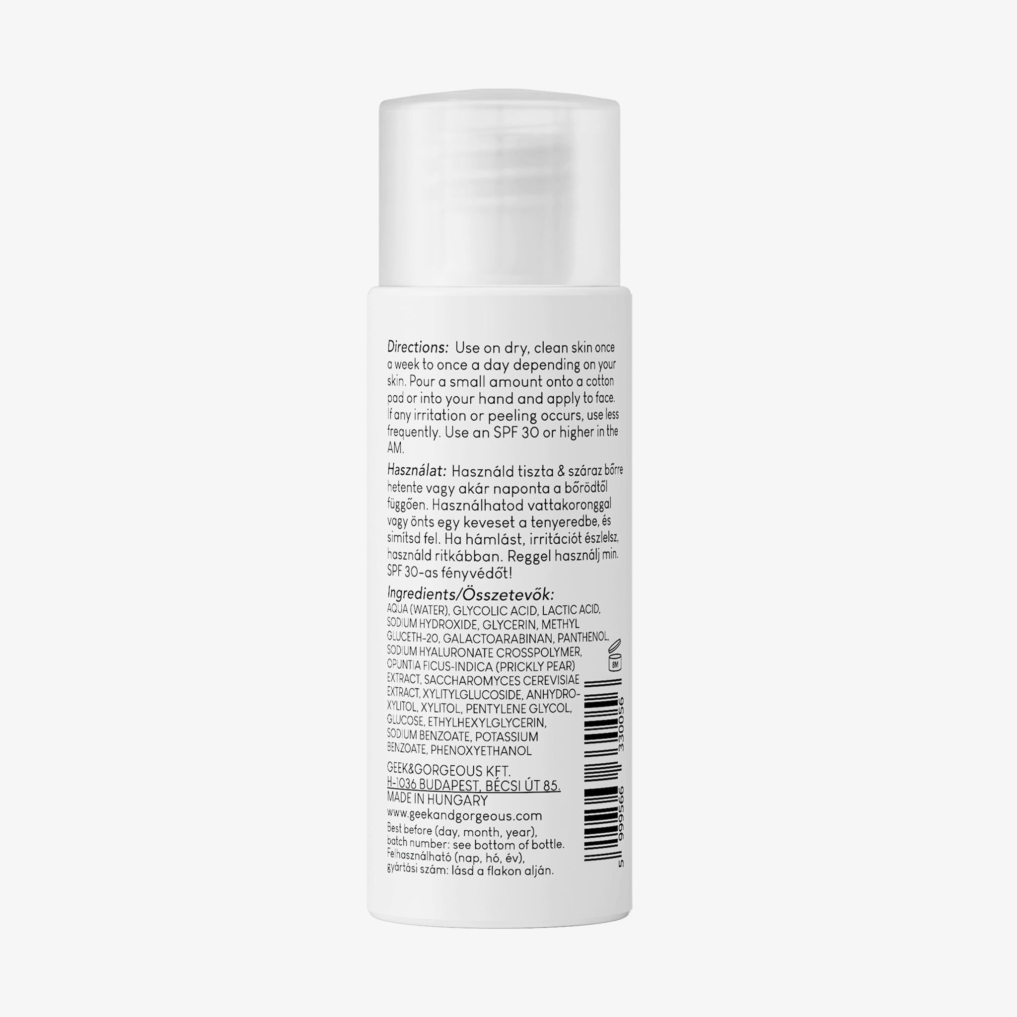 Retro di un flacone bianco con testo. Contiene istruzioni, ingredienti e contatti.