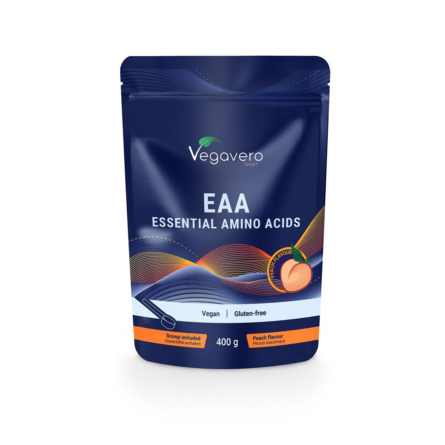 Busta blu scuro con stampa del prodotto. Contiene EAA Essential Amino Acids, Vegan, Senza glutine, Gusto pesca. Misurino incluso.