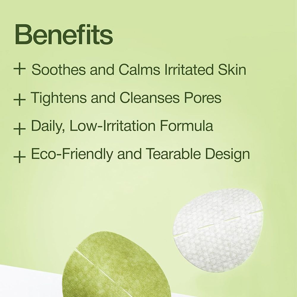 Testo con vantaggi: lenisce, affina i pori, formula quotidiana, design ecologico. Pad a forma di foglia.