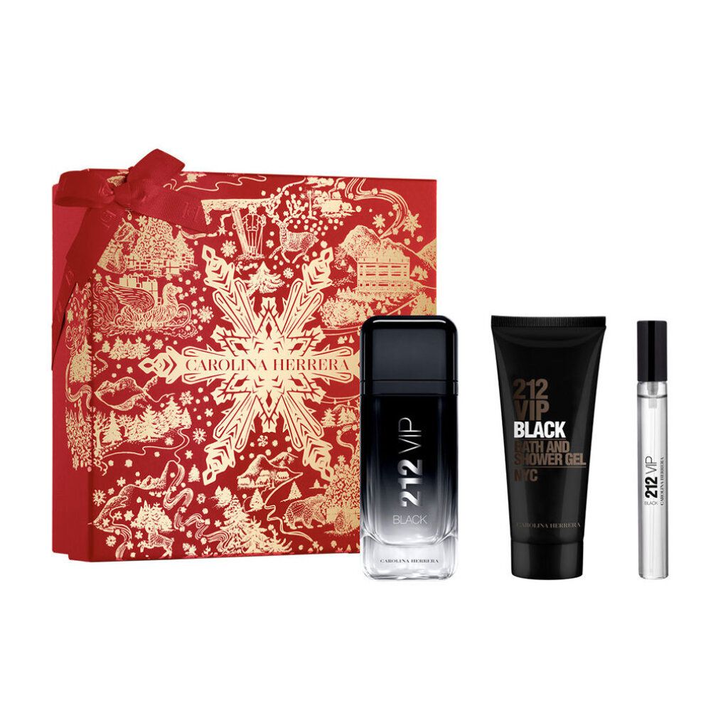 Set regalo con scatola rossa, flacone, gel doccia e vaporizzatore. Scritta: 212 VIP Black.