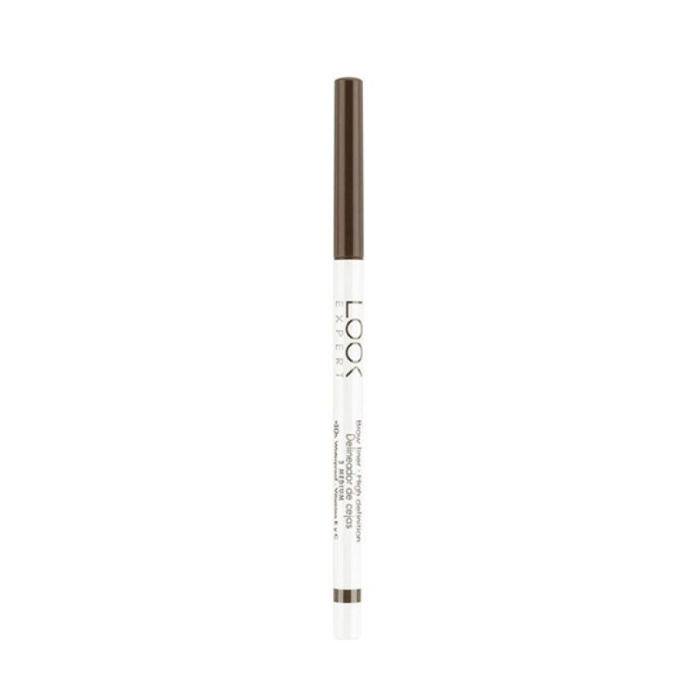Matita per sopracciglia. Matita bianca con punta e cappuccio marrone. Scritta: LOOK. Brow Liner High Definition 3 Dark.